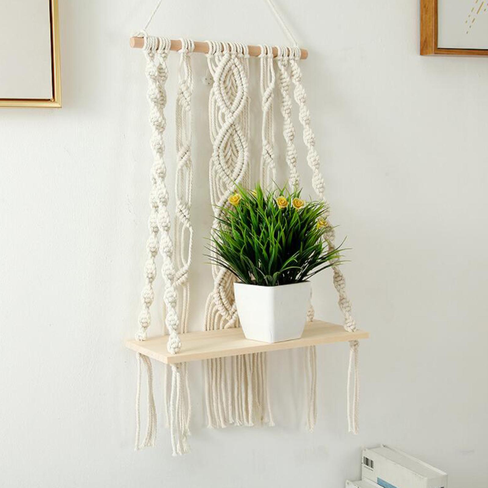 Bohemian Macrame Tapestry Wall Hanging Shelf Floating Shelves Craft Knitted Rope Wooden Storage for Home Bedroom - Style D